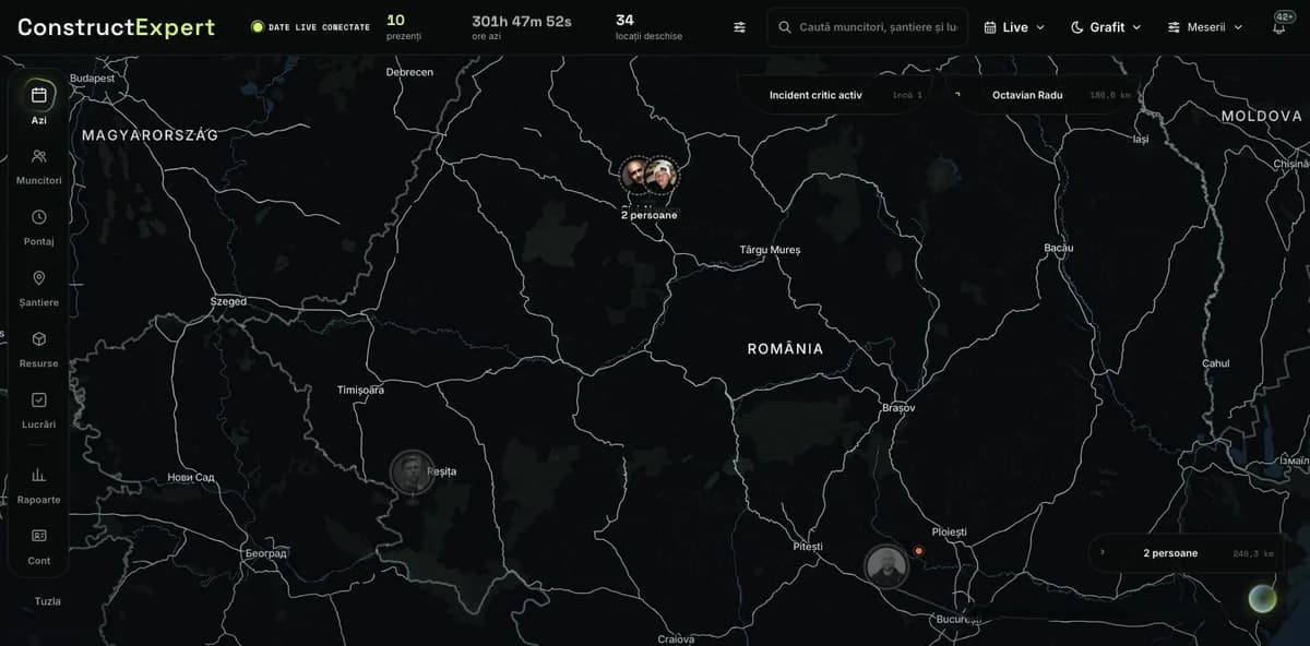 Harta din Control 360: oamenii firmei pe șantierele lor, azi, cu numărul celor prezenți și orele zilei