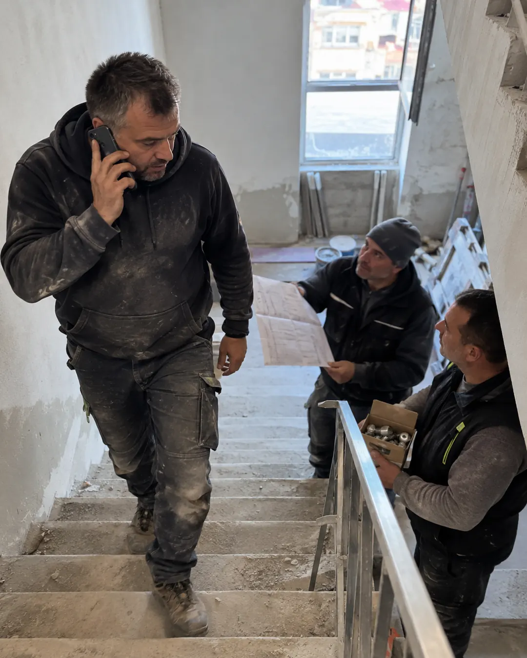 Patronul urcă pe scări cu telefonul la ureche
