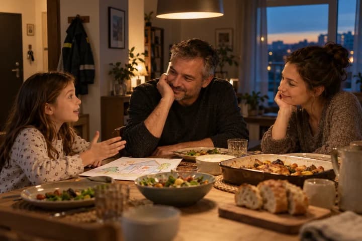 Patronul ascultă povestea copilului la cină, fără telefon pe masă