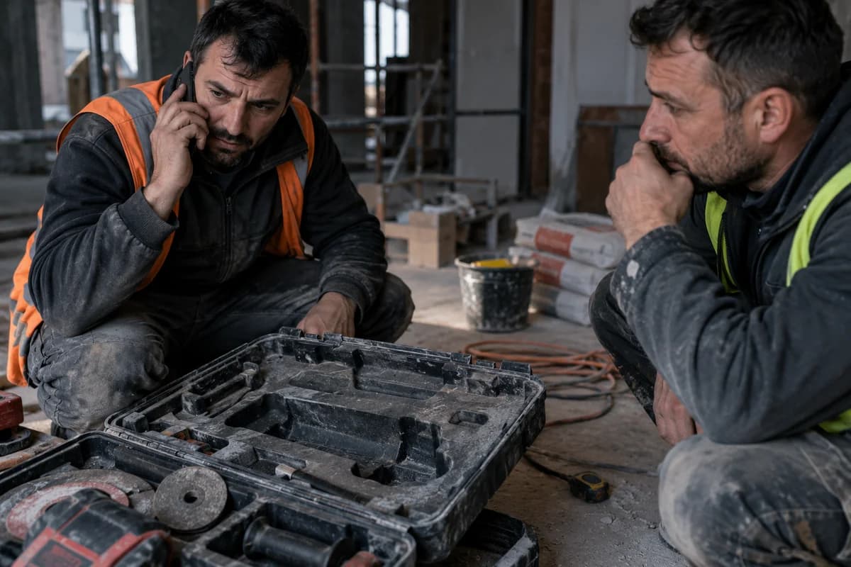 Doi muncitori lângă o trusă goală, unul sună după sculă